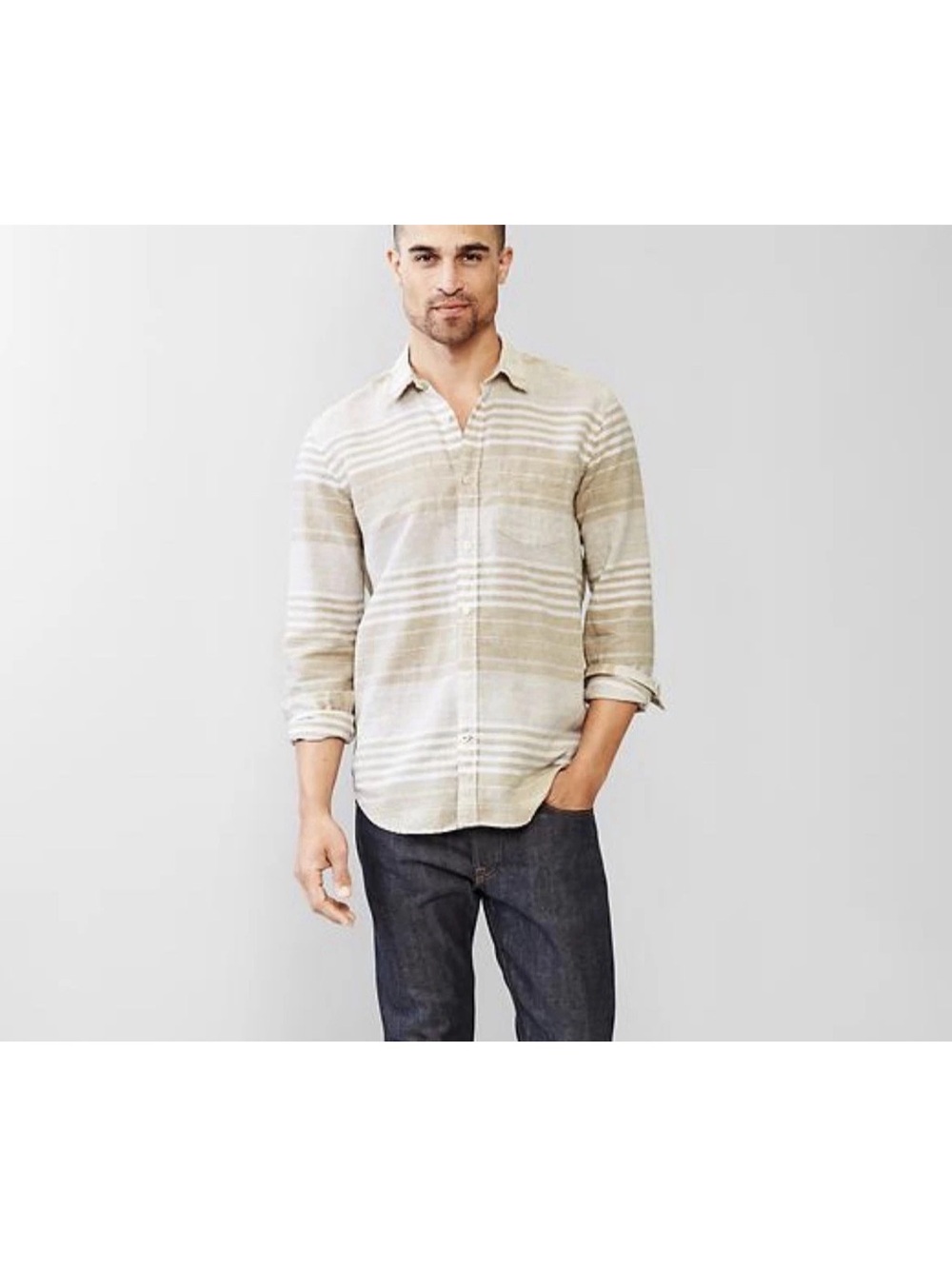 GAP Men's XL Linen Blend Blanket Shirt Long Sleeve Striped Beige & Ivory